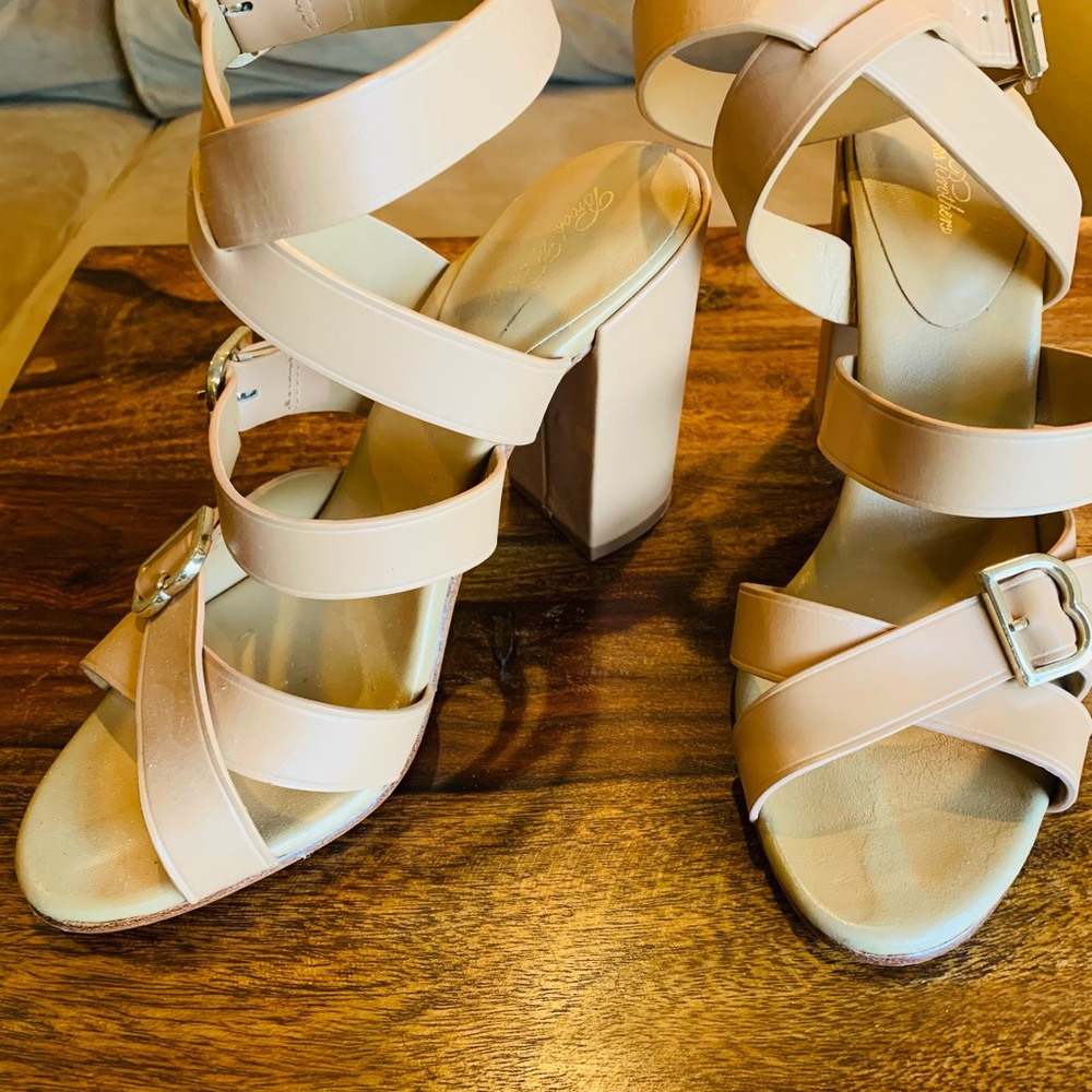 Brookes Brothers tan strap sandle with heel.